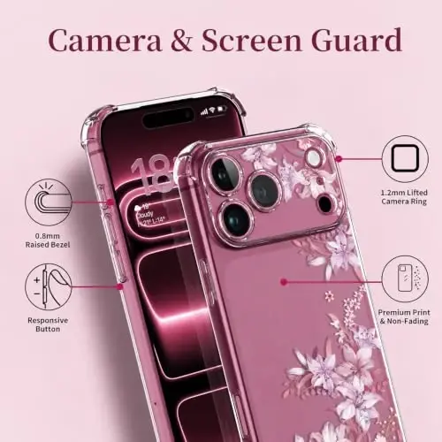 ilnehc for iPhone 17 Pro Max/18 Pro Max Case, Screen Protector, Flower Case | Soft TPU Material | Clear Floral Design | Full Camera Protection | Shockproof Protection | Women & Girls - 5