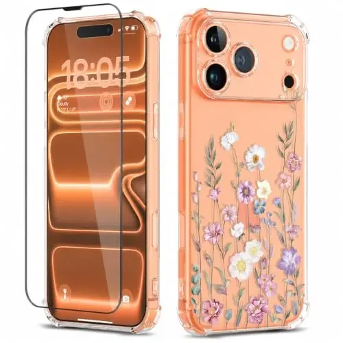 ilnehc for iPhone 17 Pro Max/18 Pro Max Case, Screen Protector, Flower Case | Soft TPU Material | Clear Floral Design | Full Camera Protection | Shockproof Protection | Women & Girls - 1