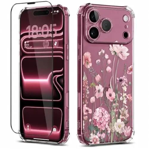 ilnehc for iPhone 17 Pro Max/18 Pro Max Case, Screen Protector, Flower Case | Soft TPU Material | Clear Floral Design | Full Camera Protection | Shockproof Protection | Women & Girls - ilnehc