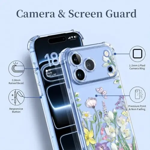 ilnehc for iPhone 17 Pro Max/18 Pro Max Case, Screen Protector, Flower Case | Soft TPU Material | Clear Floral Design | Full Camera Protection | Shockproof Protection | Women & Girls - 5