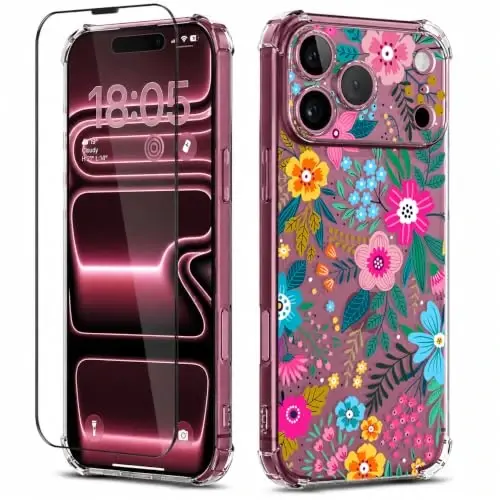 ilnehc for iPhone 17 Pro Max/18 Pro Max Case, Screen Protector, Flower Case | Soft TPU Material | Clear Floral Design | Full Camera Protection | Shockproof Protection | Women & Girls - 1