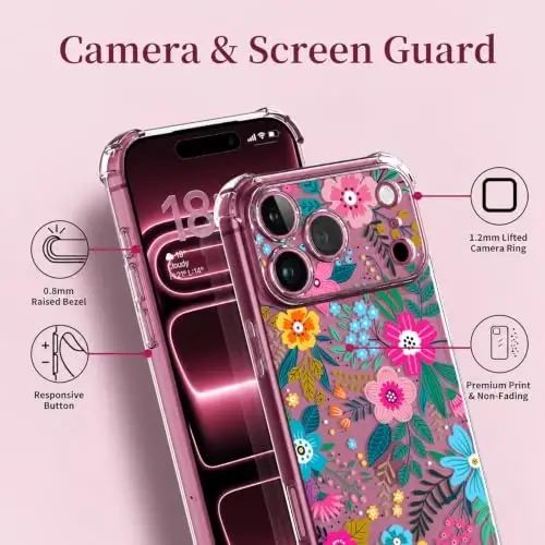 ilnehc for iPhone 17 Pro Max/18 Pro Max Case, Screen Protector, Flower Case | Soft TPU Material | Clear Floral Design | Full Camera Protection | Shockproof Protection | Women & Girls - 5