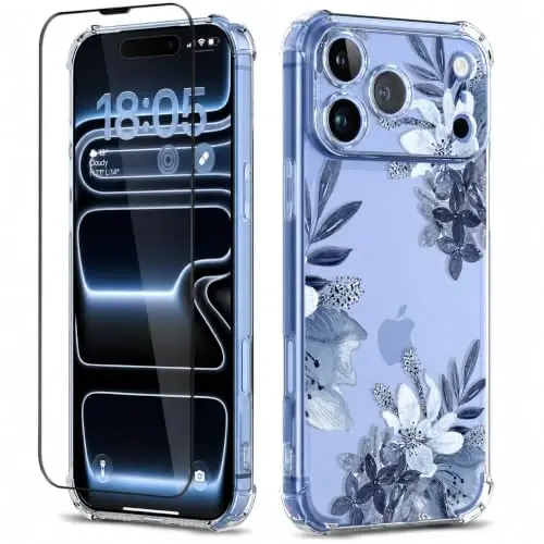 ilnehc for iPhone 17 Pro Max/18 Pro Max Case, Screen Protector, Flower Case | Soft TPU Material | Clear Floral Design | Full Camera Protection | Shockproof Protection | Women & Girls - 1