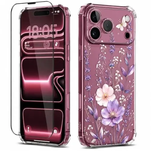 ilnehc for iPhone 17 Pro Max/18 Pro Max Case, Screen Protector, Flower Case | Soft TPU Material | Clear Floral Design | Full Camera Protection | Shockproof Protection | Women & Girls - 1