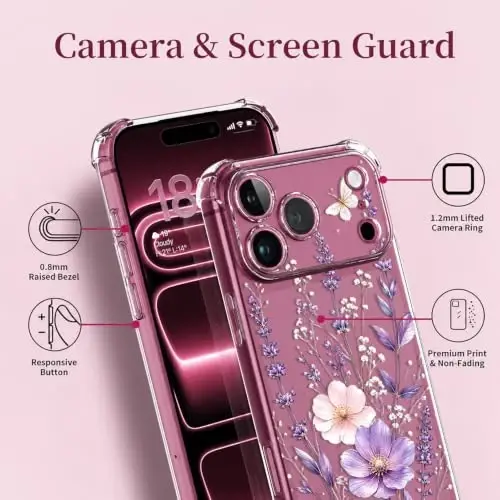 ilnehc for iPhone 17 Pro Max/18 Pro Max Case, Screen Protector, Flower Case | Soft TPU Material | Clear Floral Design | Full Camera Protection | Shockproof Protection | Women & Girls - 5