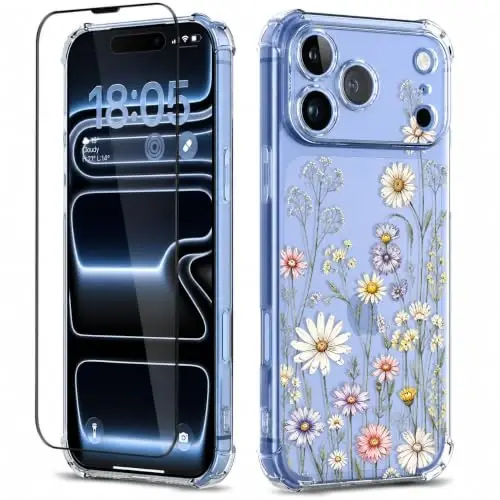 ilnehc for iPhone 17 Pro Max/18 Pro Max Case, Screen Protector, Flower Case | Soft TPU Material | Clear Floral Design | Full Camera Protection | Shockproof Protection | Women & Girls - 1