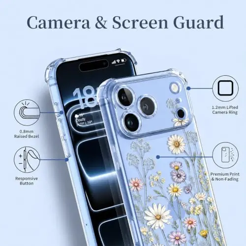 ilnehc for iPhone 17 Pro Max/18 Pro Max Case, Screen Protector, Flower Case | Soft TPU Material | Clear Floral Design | Full Camera Protection | Shockproof Protection | Women & Girls - 6