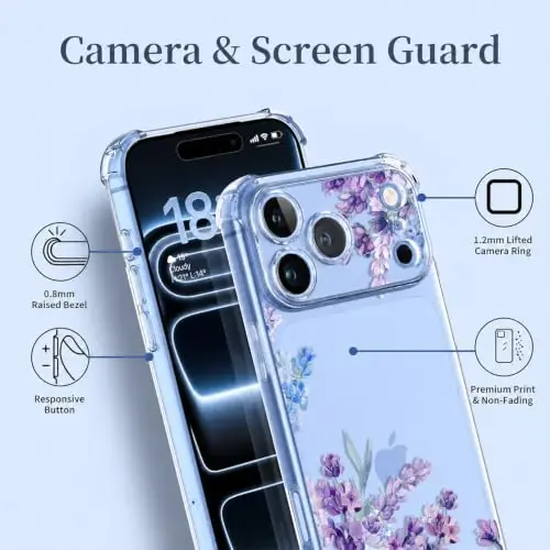 ilnehc for iPhone 17 Pro/18 Pro Case, Screen Protector, Shockproof Cover | Soft TPU Material | Cute Clear Floral Design | Full Camera Protection | Designed for Women & Girls - 6
