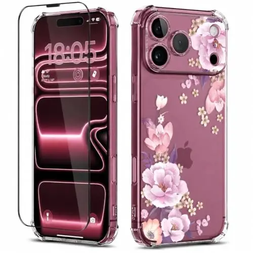 ilnehc for iPhone 17 Pro/18 Pro Case, Screen Protector, Shockproof Cover | Soft TPU Material | Cute Clear Floral Design | Full Camera Protection | Designed for Women & Girls - 1