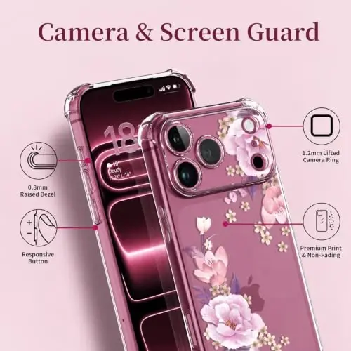 ilnehc for iPhone 17 Pro/18 Pro Case, Screen Protector, Shockproof Cover | Soft TPU Material | Cute Clear Floral Design | Full Camera Protection | Designed for Women & Girls - 6
