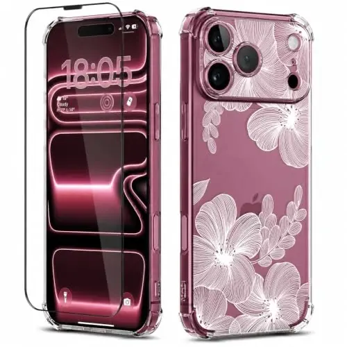 ilnehc for iPhone 17 Pro/18 Pro Case, Screen Protector, Shockproof Cover | Soft TPU Material | Cute Clear Floral Design | Full Camera Protection | Designed for Women & Girls - 1