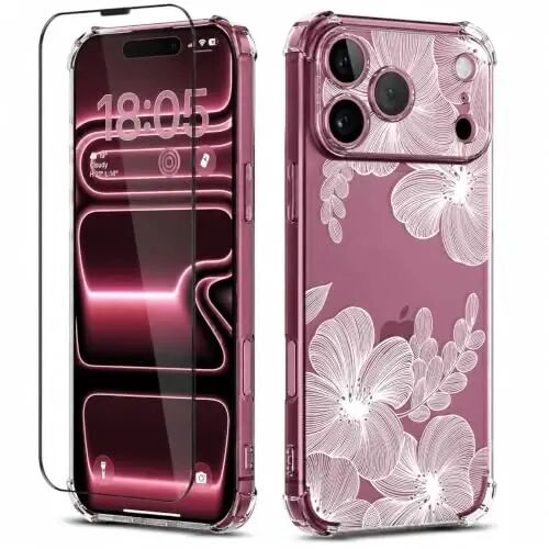 ilnehc for iPhone 17 Pro/18 Pro Case, Screen Protector, Shockproof Cover | Soft TPU Material | Cute Clear Floral Design | Full Camera Protection | Designed for Women & Girls - ilnehc