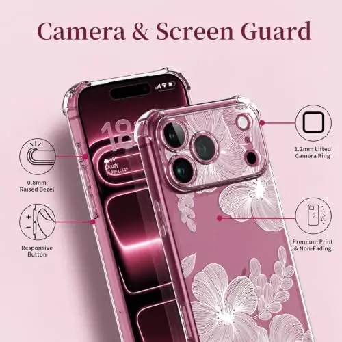 ilnehc for iPhone 17 Pro/18 Pro Case, Screen Protector, Shockproof Cover | Soft TPU Material | Cute Clear Floral Design | Full Camera Protection | Designed for Women & Girls - 6