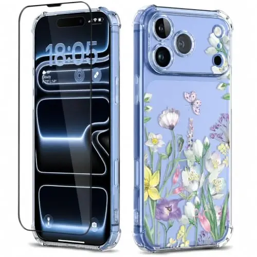 ilnehc for iPhone 17 Pro/18 Pro Case, Screen Protector, Shockproof Cover | Soft TPU Material | Cute Clear Floral Design | Full Camera Protection | Designed for Women & Girls - 1