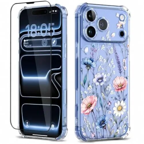 ilnehc for iPhone 17 Pro/18 Pro Case, Screen Protector, Shockproof Cover | Soft TPU Material | Cute Clear Floral Design | Full Camera Protection | Designed for Women & Girls - ilnehc