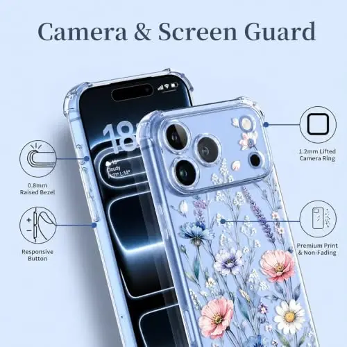 ilnehc for iPhone 17 Pro/18 Pro Case, Screen Protector, Shockproof Cover | Soft TPU Material | Cute Clear Floral Design | Full Camera Protection | Designed for Women & Girls - 4