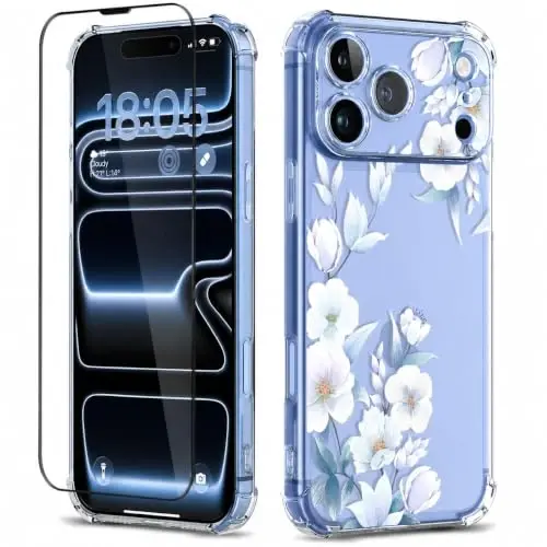 ilnehc for iPhone 17 Pro/18 Pro Case, Screen Protector, Shockproof Cover | Soft TPU Material | Cute Clear Floral Design | Full Camera Protection | Designed for Women & Girls - 1