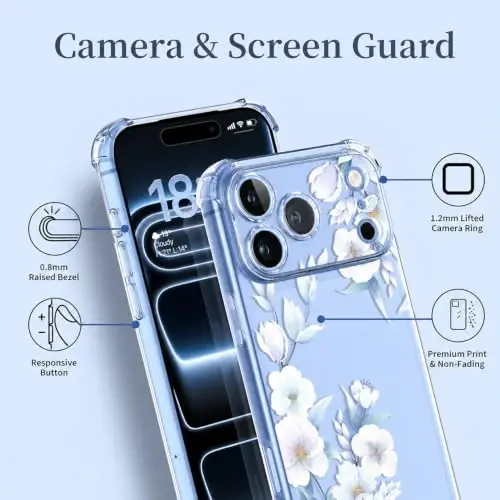 ilnehc for iPhone 17 Pro/18 Pro Case, Screen Protector, Shockproof Cover | Soft TPU Material | Cute Clear Floral Design | Full Camera Protection | Designed for Women & Girls - 5