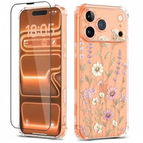ilnehc for iPhone 17 Pro/18 Pro Case, Screen Protector, Shockproof Cover | Soft TPU Material | Cute Clear Floral Design | Full Camera Protection | Designed for Women & Girls - 1