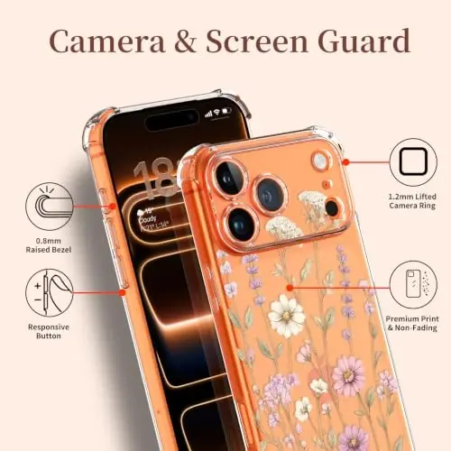 ilnehc for iPhone 17 Pro/18 Pro Case, Screen Protector, Shockproof Cover | Soft TPU Material | Cute Clear Floral Design | Full Camera Protection | Designed for Women & Girls - 5