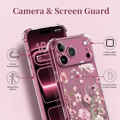 ilnehc for iPhone 17 Pro/18 Pro Case, Screen Protector, Shockproof Cover | Soft TPU Material | Cute Clear Floral Design | Full Camera Protection | Designed for Women & Girls - 6