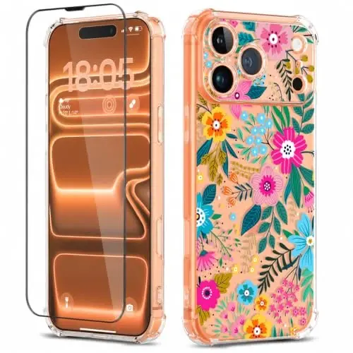 ilnehc for iPhone 17 Pro/18 Pro Case, Screen Protector, Shockproof Cover | Soft TPU Material | Cute Clear Floral Design | Full Camera Protection | Designed for Women & Girls - 1