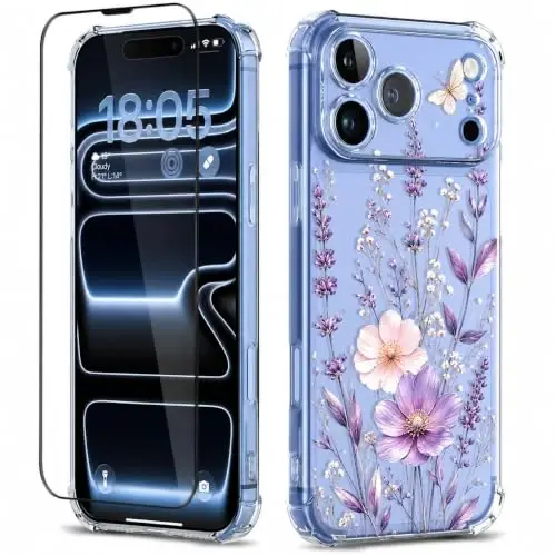 ilnehc for iPhone 17 Pro/18 Pro Case, Screen Protector, Shockproof Cover | Soft TPU Material | Cute Clear Floral Design | Full Camera Protection | Designed for Women & Girls - 1
