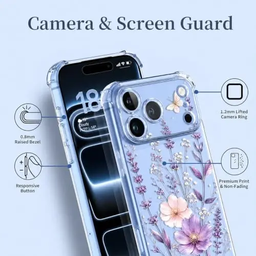 ilnehc for iPhone 17 Pro/18 Pro Case, Screen Protector, Shockproof Cover | Soft TPU Material | Cute Clear Floral Design | Full Camera Protection | Designed for Women & Girls - 5