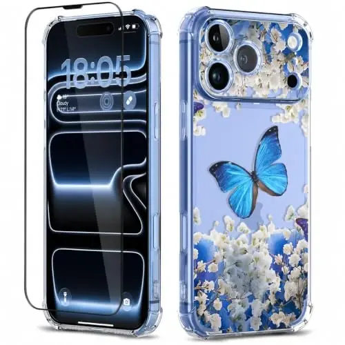 ilnehc for iPhone 17 Pro/18 Pro Case, Screen Protector, Shockproof Cover | Soft TPU Material | Cute Clear Floral Design | Full Camera Protection | Designed for Women & Girls - 1