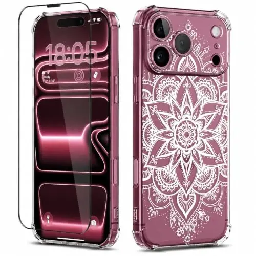ilnehc for iPhone 17 Pro/18 Pro Case, Screen Protector, Shockproof Cover | Soft TPU Material | Cute Clear Floral Design | Full Camera Protection | Designed for Women & Girls - 1
