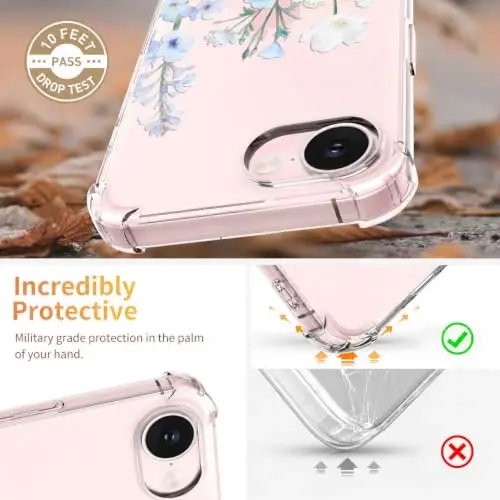 ilnehc for iPhone 17e & 16e Case, 3 in 1 Screen & Lens Protectors | Soft TPU Material | Clear Floral Cover | Shockproof Protection | Designed for Women & Girls,Oriental Lily - 3