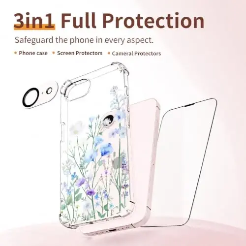 ilnehc for iPhone 17e & 16e Case, 3 in 1 Screen & Lens Protectors | Soft TPU Material | Clear Floral Cover | Shockproof Protection | Designed for Women & Girls,Oriental Lily - 6