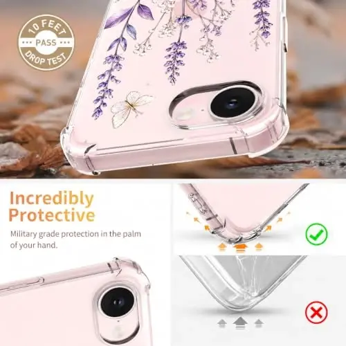 ilnehc for iPhone 17e Case & 16e Case, 3 in 1 Screen & Lens Protectors | Soft TPU Material | Clear Floral Cover | Shockproof Protection | Designed for Women & Girls - 3
