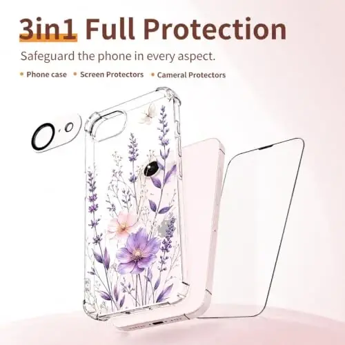 ilnehc for iPhone 17e Case & 16e Case, 3 in 1 Screen & Lens Protectors | Soft TPU Material | Clear Floral Cover | Shockproof Protection | Designed for Women & Girls - 6