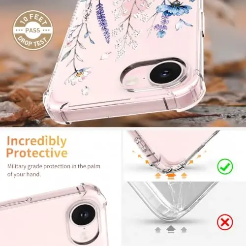 ilnehc for iPhone 17e Case & 16e Case, 3 in 1 Screen & Lens Protectors | Soft TPU Material | Clear Floral Cover | Shockproof Protection | Designed for Women & Girls - 3