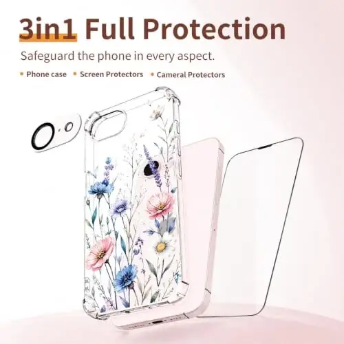 ilnehc for iPhone 17e Case & 16e Case, 3 in 1 Screen & Lens Protectors | Soft TPU Material | Clear Floral Cover | Shockproof Protection | Designed for Women & Girls - 6