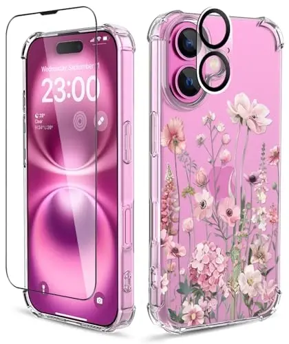 ilnehc için iPhone 16 Plus Kılıfı,[Ekran Koruyucu ve Kamera Mercek Koruyucu ile 3'ü 1 arada] Çiçek Desenli Tasarım, Kadınlar Kızlar için Şeffaf Yumuşak Darbeye Dayanıklı İnce Çiçekli Telefon Kılıfı 2024 6.7