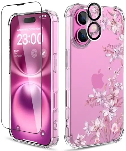 ilnehc Phone Case Compatible for iPhone 16 Case,[3 in 1] with Screen Protector & Camera Lens Protector, Flower Pattern Design,Clear Soft Shockproof Slim Floral Cover for Women Girls 2024 6.1