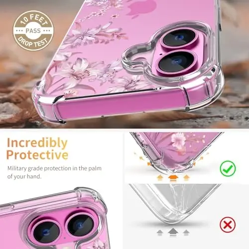 ilnehc Phone Case Compatible for iPhone 16 Case,[3 in 1] with Screen Protector & Camera Lens Protector, Flower Pattern Design,Clear Soft Shockproof Slim Floral Cover for Women Girls 2024 6.1