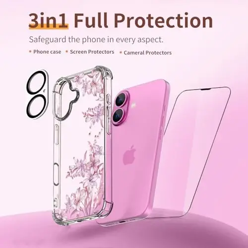 ilnehc Phone Case Compatible for iPhone 16 Case,[3 in 1] with Screen Protector & Camera Lens Protector, Flower Pattern Design,Clear Soft Shockproof Slim Floral Cover for Women Girls 2024 6.1
