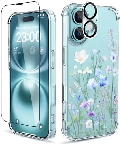 ilnehc iPhone 16 Plus G‘ilofi, [3-si-1-da] Ekran Himoya Oynasi va Kamera Linza Himoyasi bilan, Gul Naqshli Dizayn, Shaffof Yumshoq Zarbga Chidamli Yupqa Gul Naqshli Telefon Qopqog‘i Ayollar va Qizlar uchun 2024 6.7