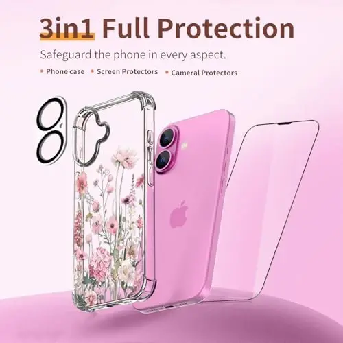 ilnehc iPhone 16 Plus Kılıf, [3'ü 1 arada] Ekran Koruyucu ve Kamera Merceği Koruyuculu, Çiçek Desenli Tasarım, Kadınlar ve Kızlar için Şeffaf Yumuşak Darbeye Dayanıklı İnce Çiçekli Telefon Kapağı 2024 6.7