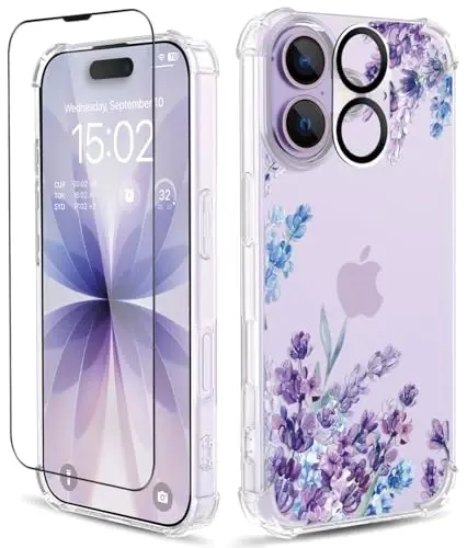 ilnehc iPhone 17 G‘ilof uchun,[3 tasi 1 da] Ekran Himoyachisi va Kamera Lens Himoyachisi bilan, Gul Naqshli Dizayn, Shaffof Yumshoq Zarbaga Chidamli Yupqa Gul Telefon Qopqog'i Ayollar Qizlar uchun 2025 6.3