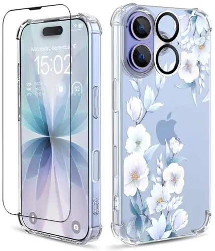 ilnehc iPhone 17 G‘ilof uchun,[3 tasi 1 da] Ekran Himoyachisi va Kamera Lens Himoyachisi bilan, Gul Naqshli Dizayn, Shaffof Yumshoq Zarbga Chidamli Yupqa Gul Telefon Qopqog‘i Ayollar Qizlar Uchun 2025 6.3