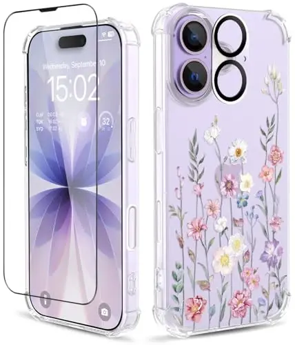 ilnehc iPhone 17 Gʻilof uchun,[3 tasi 1 da] Ekran himoyachisi va Kamera linzalari himoyachisi bilan, Gullar naqshli dizayn, Shaffof yumshoq zarbaga chidamli yupqa gulli telefon qopqogʻi Ayollar qizlar uchun 2025 6.3