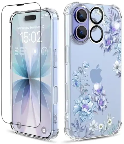 ilnehc iPhone 17 G‘ilofi uchun, [3 tasi 1 da] Ekran himoya oynasi va Kamera linzalari himoyasi bilan, Gullar naqshli dizayni, Shaffof yumshoq zarbaga chidamli ingichka gulli telefon qopqog‘i ayollar va qizlar uchun 2025 6.3 dyuym (Magnoliya/Ko'k) - 1