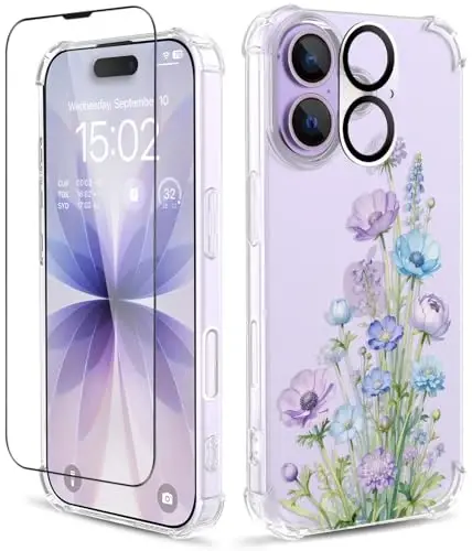 ilnehc iPhone 17 G‘ilofi uchun, [3 tasi 1 da] Ekran Himoyachisi va Kamera Linza Himoyachisi bilan, Gullar naqshli dizayn, Shaffof yumshoq zarbga chidamli yupqa gulli telefon qopqog‘i ayollar qizlar uchun 2025 6.3 dyuym (Binafsharang o‘tloq) 