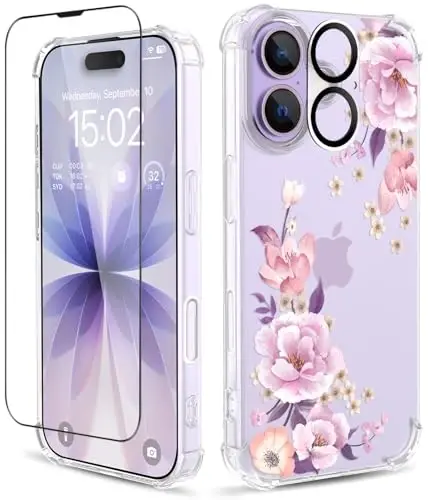 ilnehc iPhone 17 G‘ilofi uchun,[Ekran himoyachisi va Kamera linzalari himoyachisi bilan 3 tasi 1 da], Gul naqshli dizayn, Shaffof yumshoq zarbaga chidamli yupqa gulli telefon qopqog‘i ayollar qizlar uchun 2025 6.3 dyuym (Pion) - 1