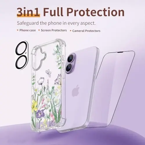 ilnehc iPhone 17 Kılıfı, [3ü 1 arada] Ekran Koruyucu ve Kamera Merceği Koruyucu ile, Çiçek Desenli Tasarım, Kadınlar ve Kızlar için Şeffaf Yumuşak Darbeye Dayanıklı İnce Çiçekli Telefon Kapağı 2025 6.3