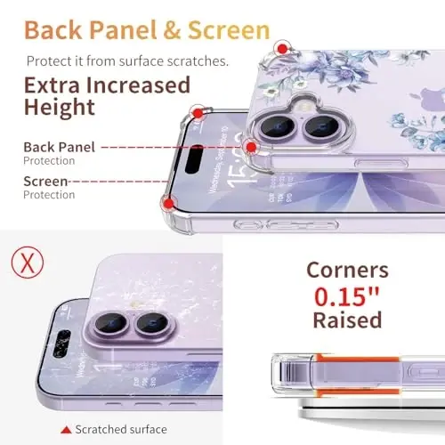 ilnehc iPhone 17 Kılıfı, [3ü 1 Arada] Ekran Koruyucu ve Kamera Merceği Koruyucu ile, Çiçek Desenli Tasarım, Kadınlar ve Kızlar için Şeffaf Yumuşak Darbeye Dayanıklı İnce Çiçekli Telefon Kılıfı 2025 6.3
